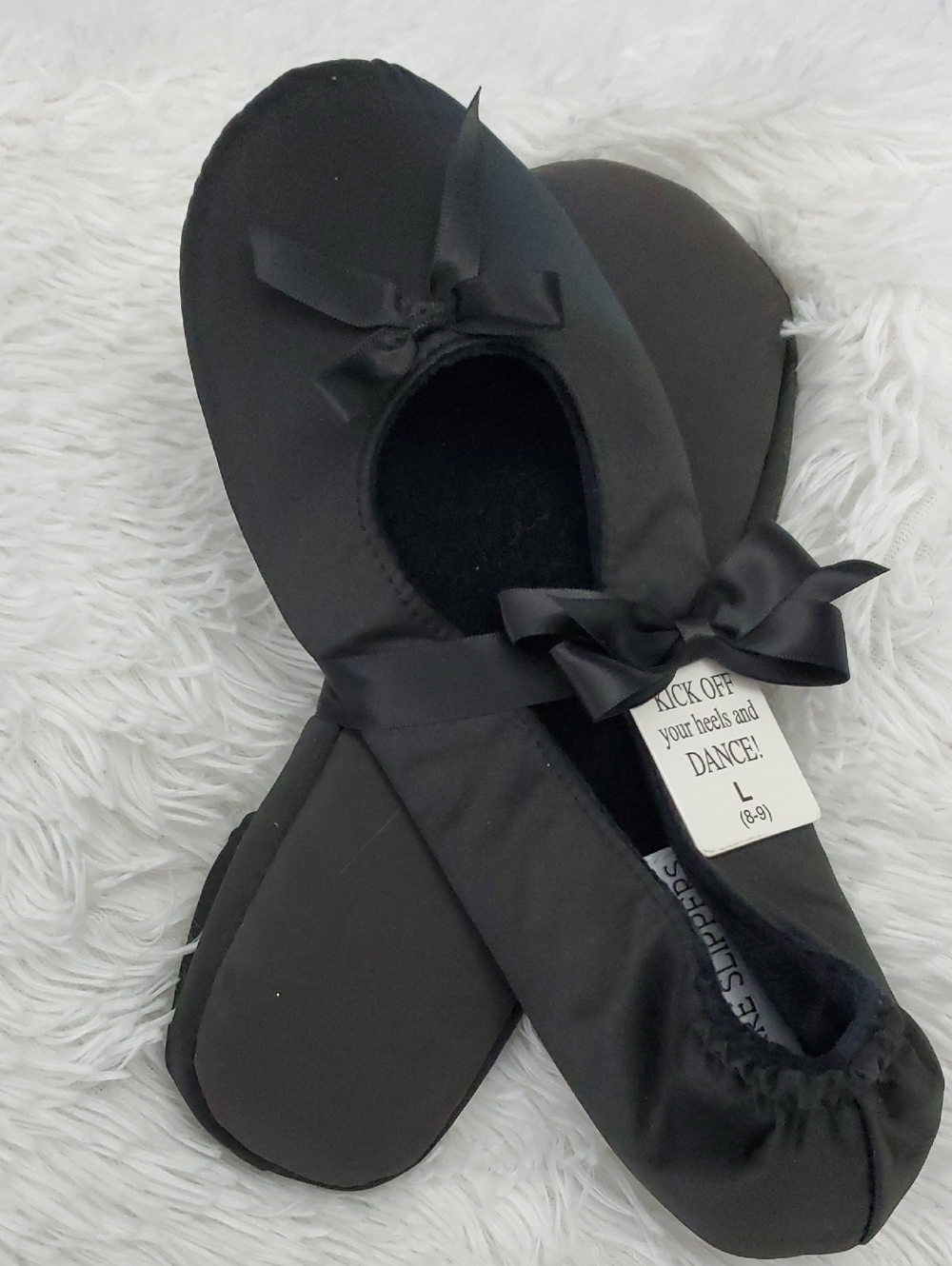 Verre Black Satin Ballet Flats with Bow Sz L